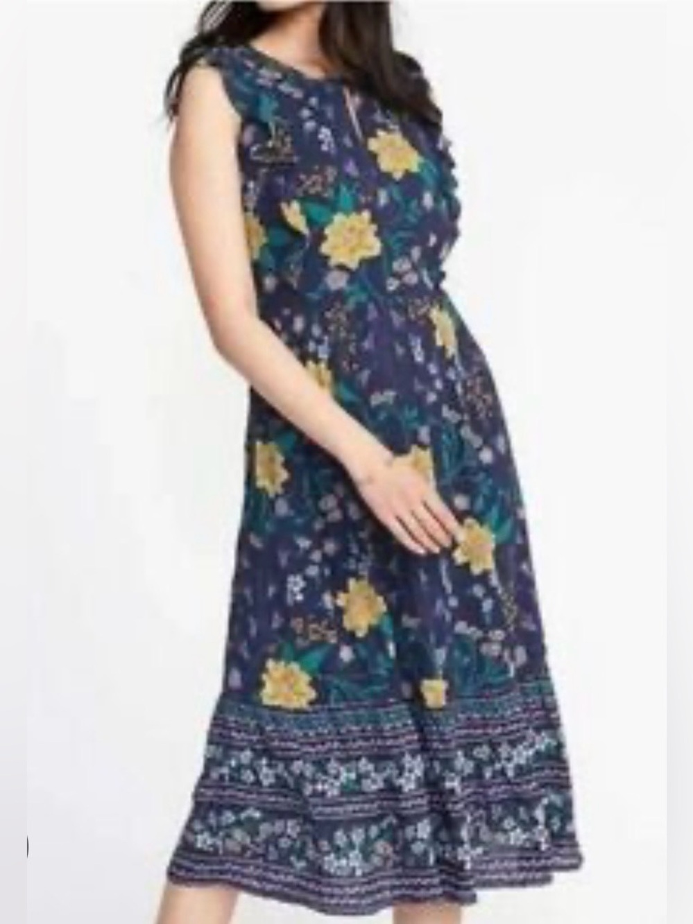 Old Navy Blue Floral Midi Dress L Tiered Cottagecore Prairie Sundress Sleeveless